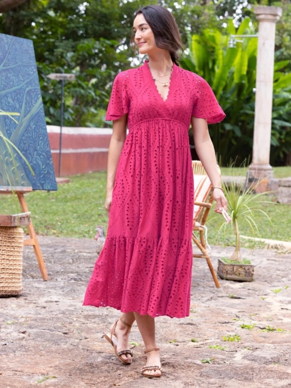 Sundance Juno Eyelet Maxi Dress Pink Pockets Elastic Waist Flutter Sleeves Large - Picture 4 of 16